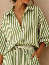 Full Size Striped Puff Sleeve Shirt and Wide-Leg Drawstring Pants Set Plus Size - Trendsi - Flyclothing LLC