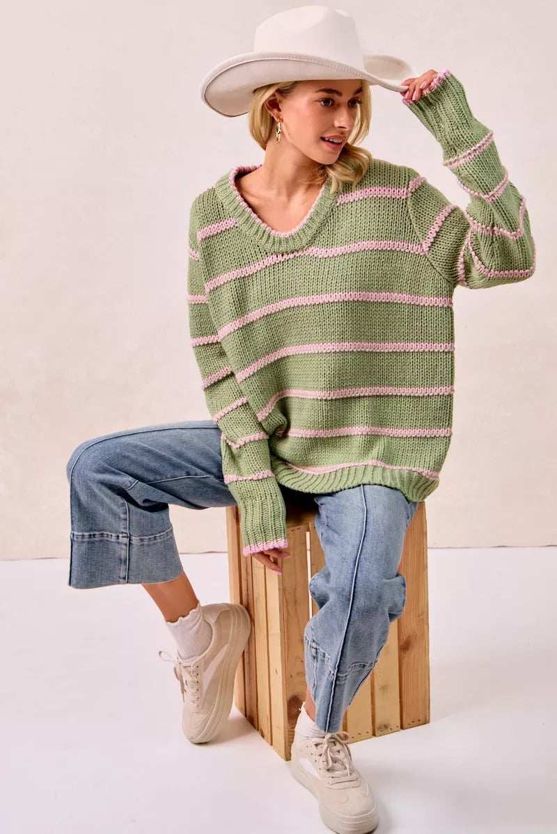 BiBi Striped Long Sleeve Sweater - Trendsi - Flyclothing LLC