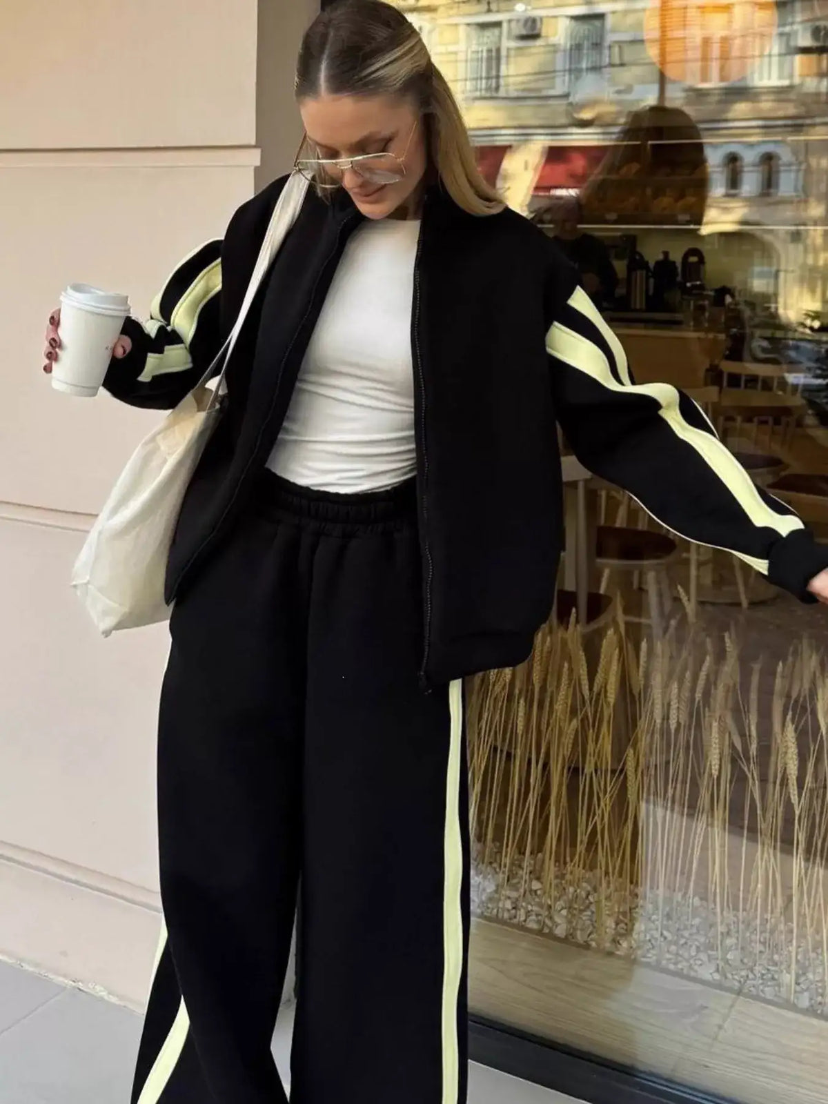 Contrast Striped Zip Up Top and Pants Set - Trendsi - Flyclothing LLC