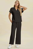Double Take Full Size Collared Neck Short Sleeve Top and Pants Set - Trendsi - Flyclothing LLC