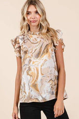 Mittoshop Abstract Print Ruffle Short Sleeve Satin Top - Trendsi - Flyclothing LLC