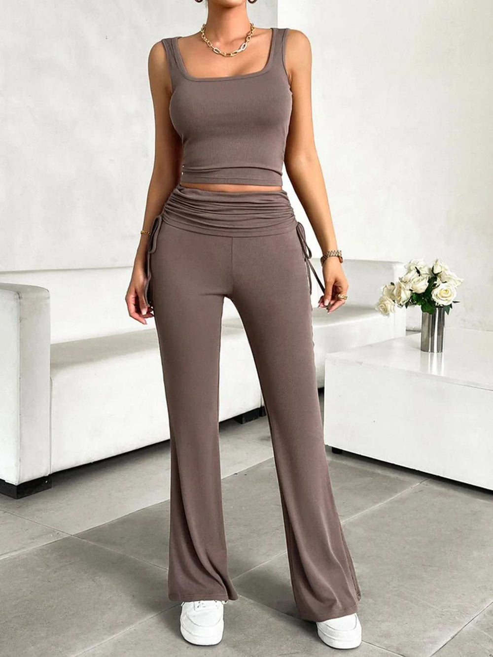 Square Neck Tank and Drawstring Pants Set - Trendsi - Flyclothing LLC
