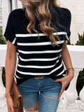 Striped Mock Neck Short Sleeve Sweater - Trendsi - Flyclothing LLC