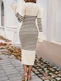 Striped V-Neck Long Sleeve Sweater Dress - Trendsi - Flyclothing LLC