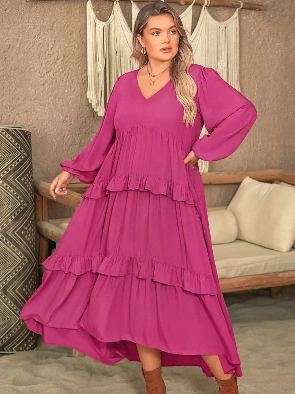 Plus Size Ruffled V-Neck Long Sleeve Dress - Trendsi - Flyclothing LLC
