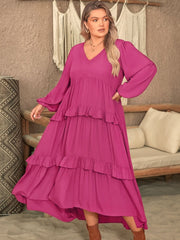 Plus Size Ruffled V-Neck Long Sleeve Dress - Trendsi