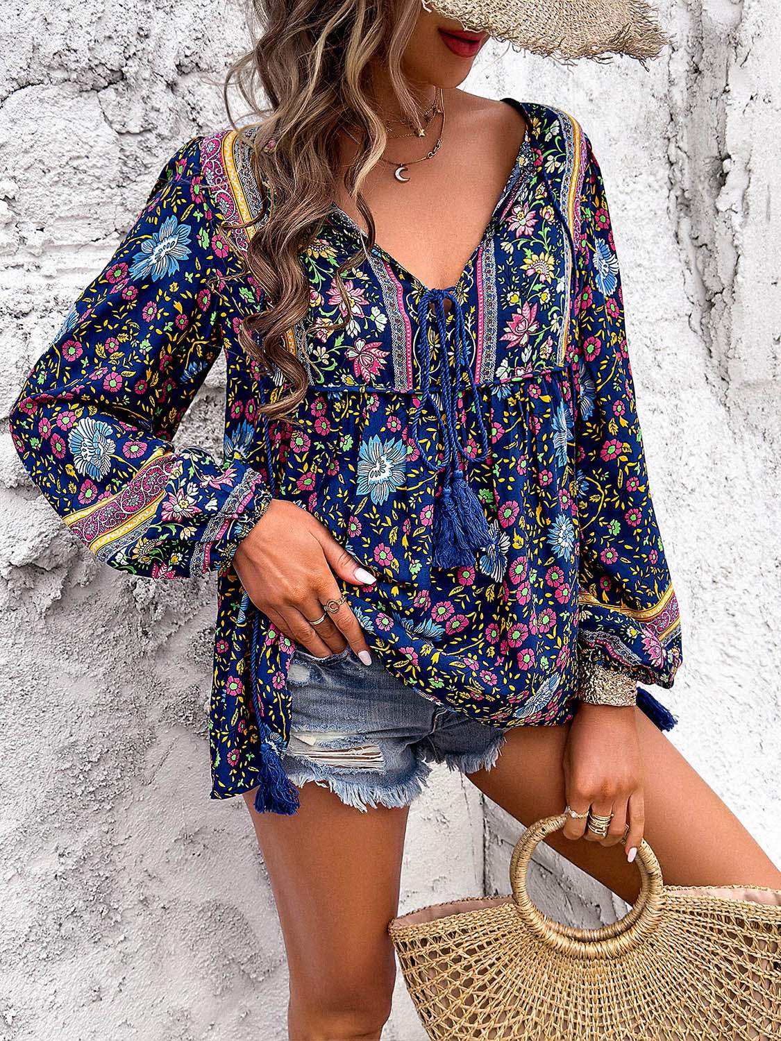 Printed Tie Neck Long Sleeve Blouse - Trendsi - Flyclothing LLC