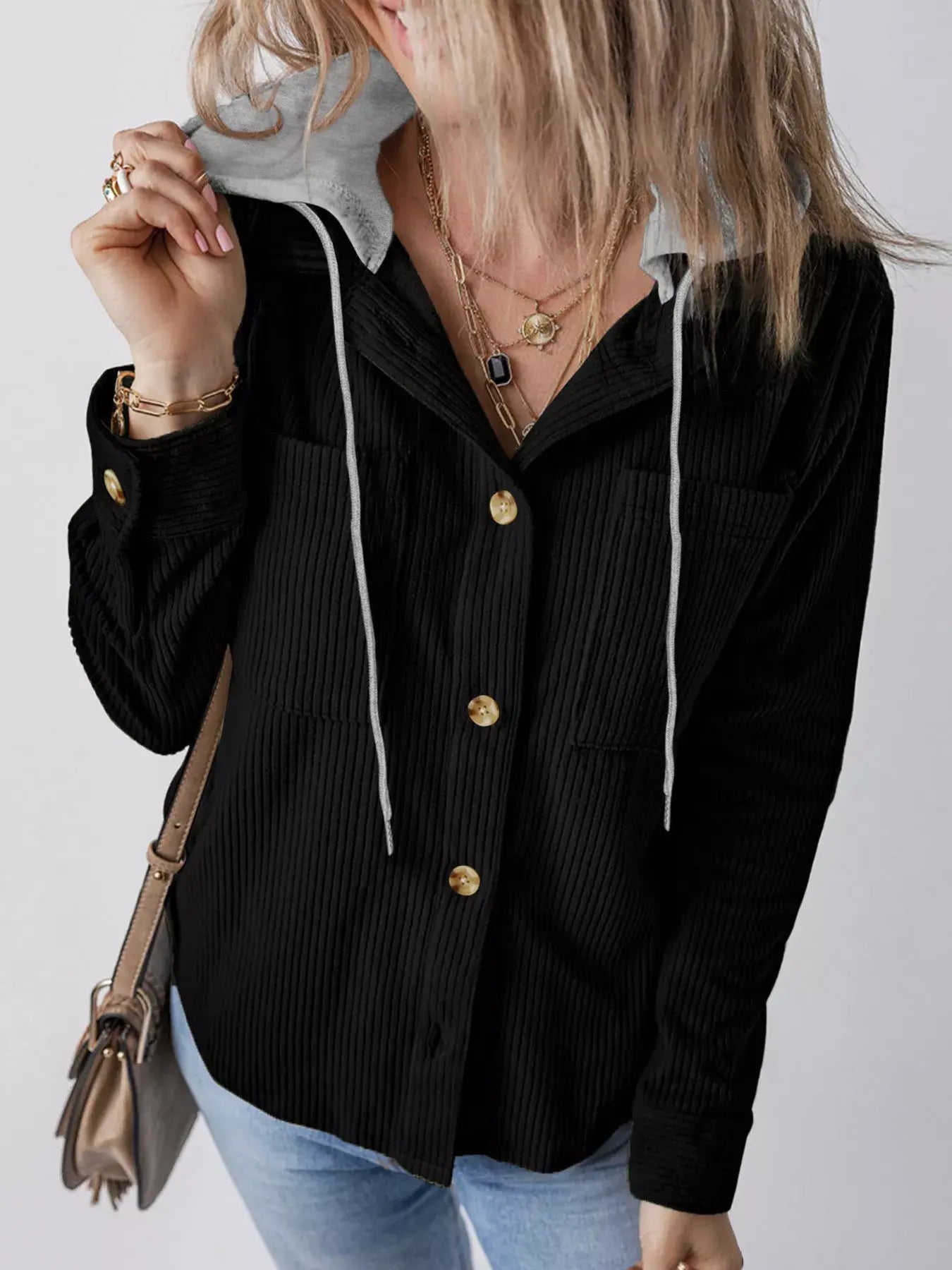 Hooded Corduroy Button-Down Jacket - Trendsi - Flyclothing LLC