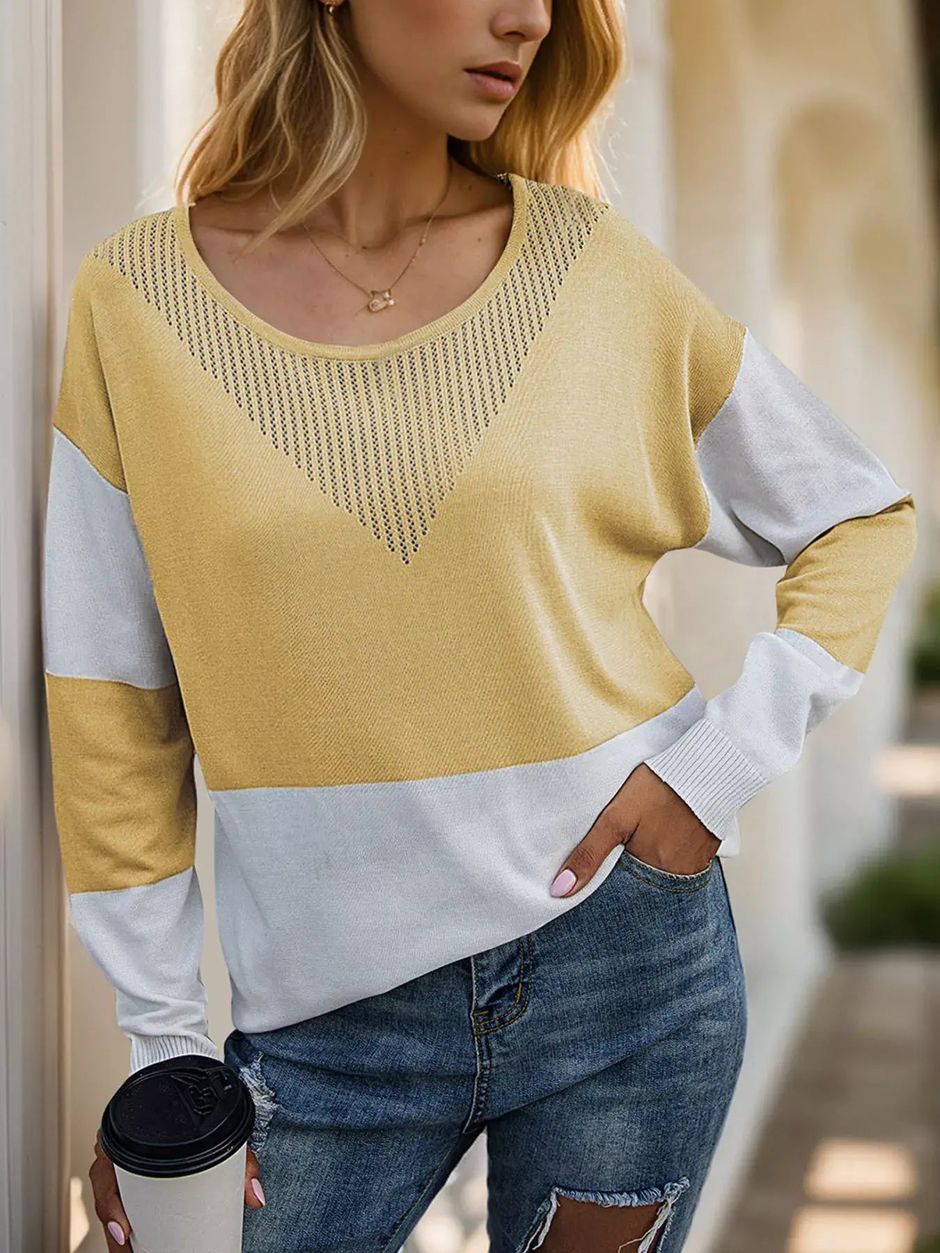 Color Block V-Neck Knit Top - Trendsi - Flyclothing LLC
