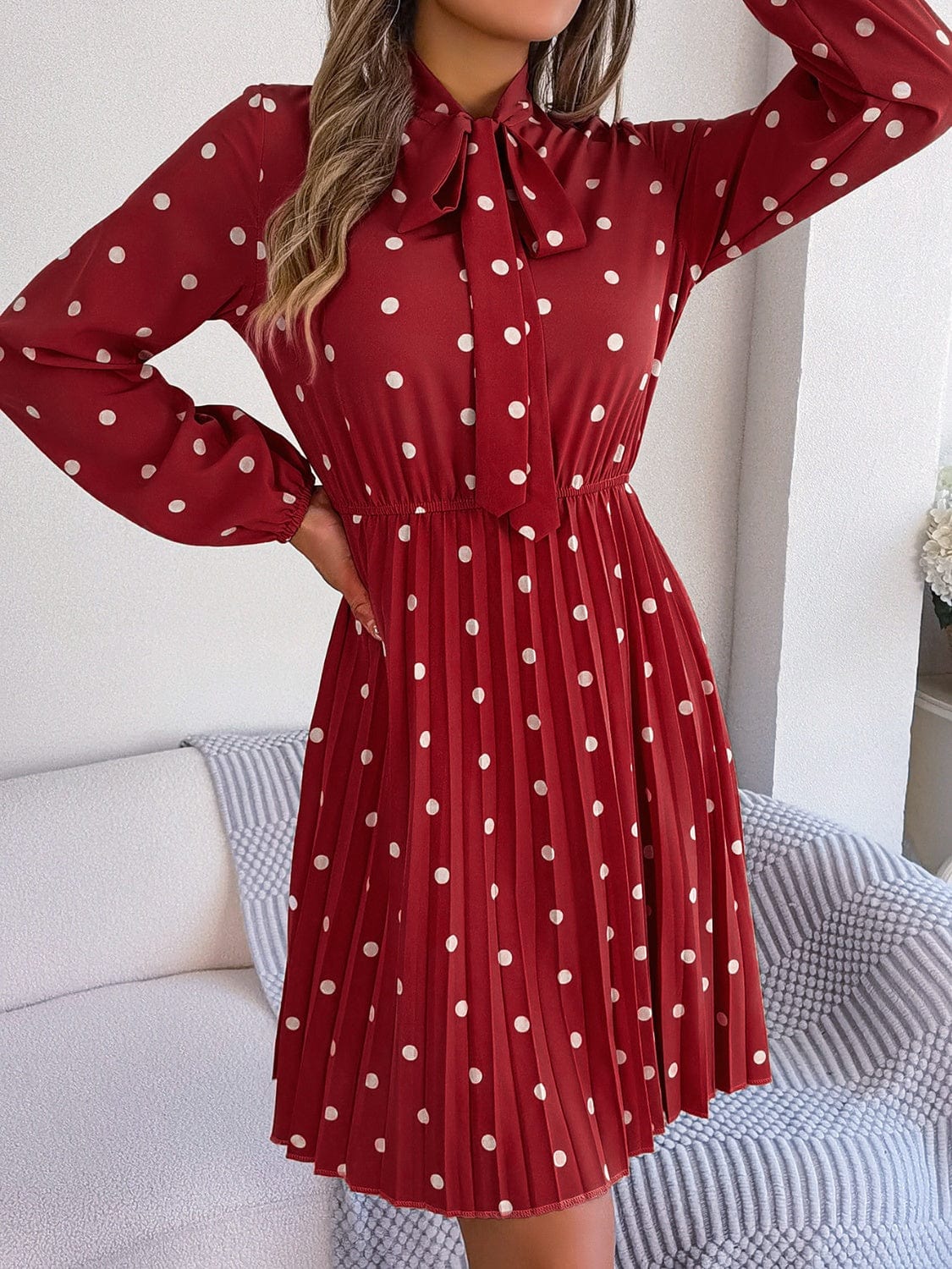 Polka Dot Tie Neck Pleated Dress - Trendsi