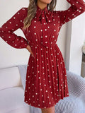 Polka Dot Tie Neck Pleated Dress - Trendsi - Flyclothing LLC
