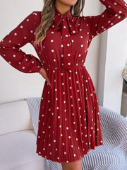 Polka Dot Tie Neck Pleated Dress - Trendsi