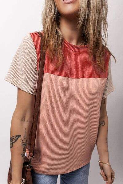 Color Block Round Neck Short Sleeve T-Shirt - Trendsi - Flyclothing LLC