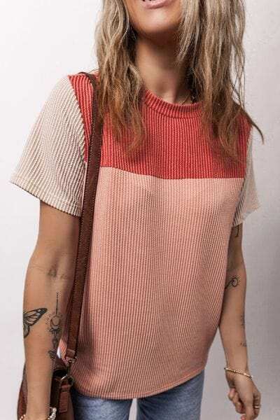 Color Block Round Neck Short Sleeve T-Shirt - Trendsi - Flyclothing LLC