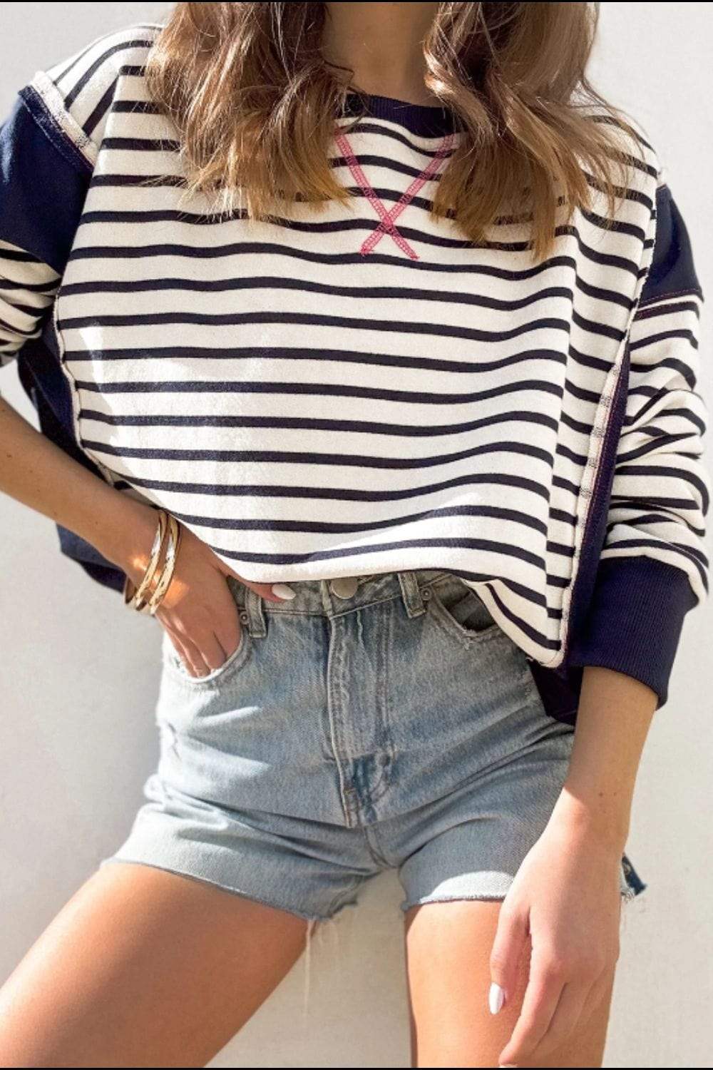 Exposed Seam Striped Long Sleeve Sweatshirt - Trendsi - Flyclothing LLC