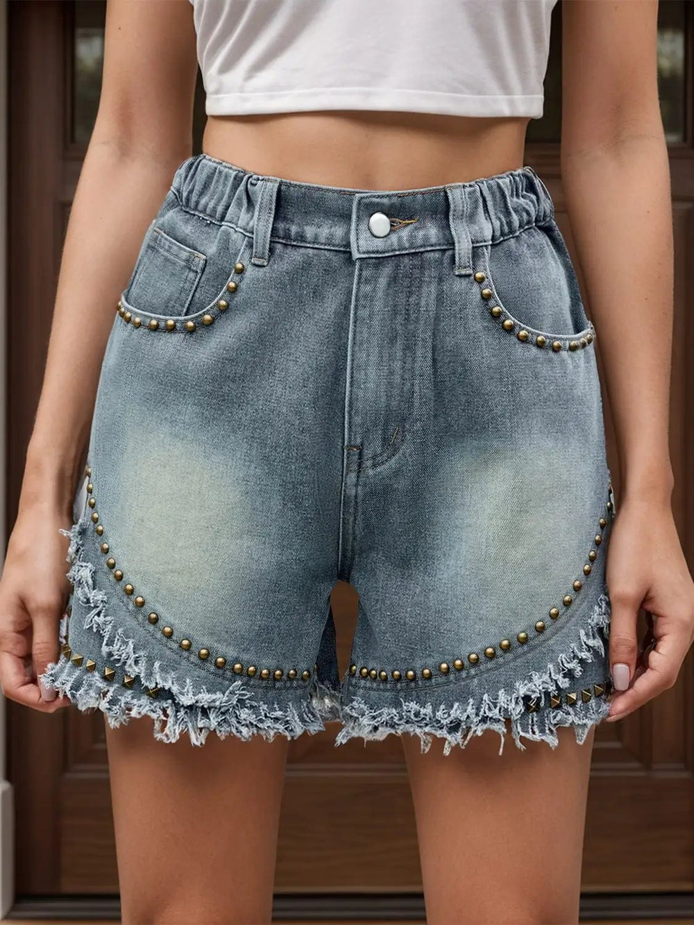 Raw Hem Studded Denim Shorts - Trendsi