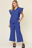Double Take Texture Ruffle Short Sleeve Top and Drawstring Wide Leg Pants Set - Trendsi