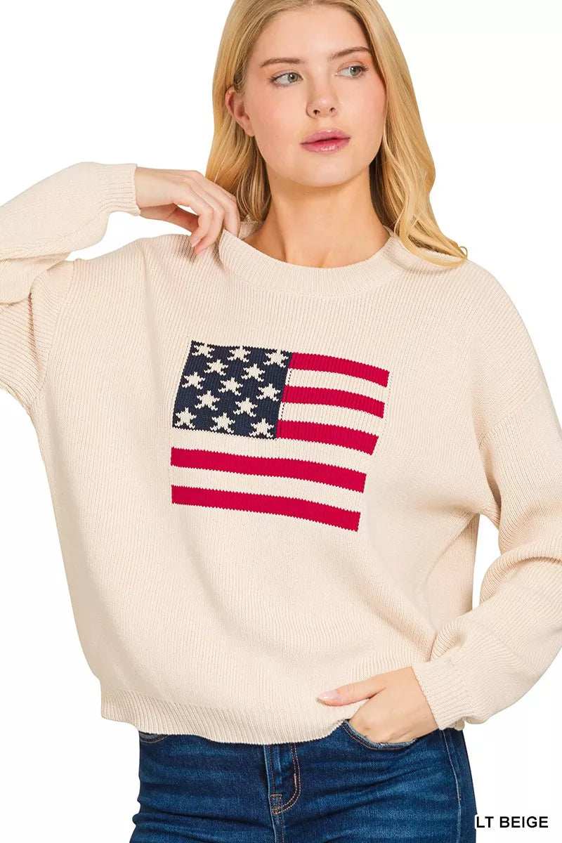Zenana American Flag Crew Neck Sweater - Trendsi - Flyclothing LLC