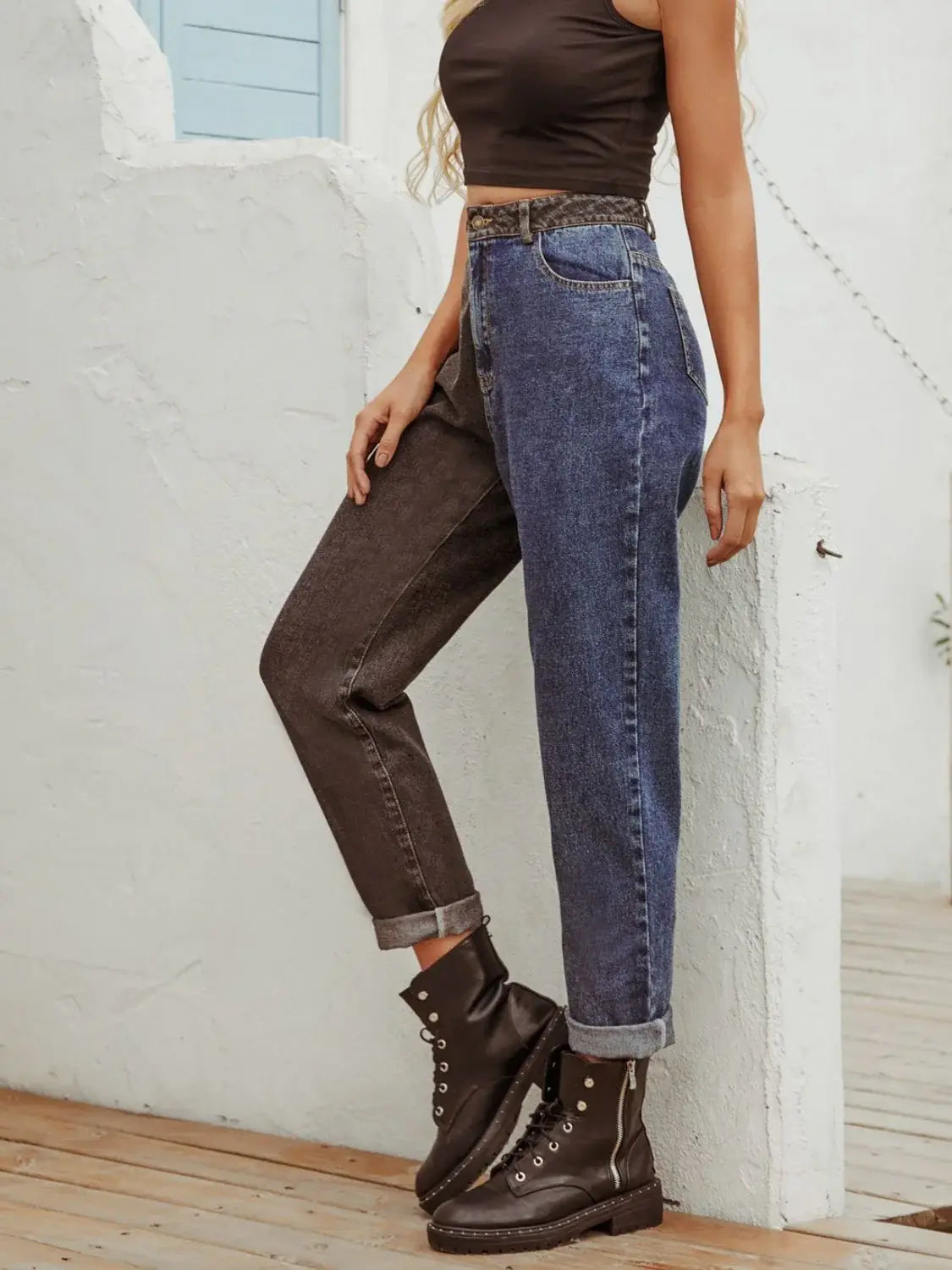 Two Tone Straight Leg Jeans - Trendsi - Flyclothing LLC
