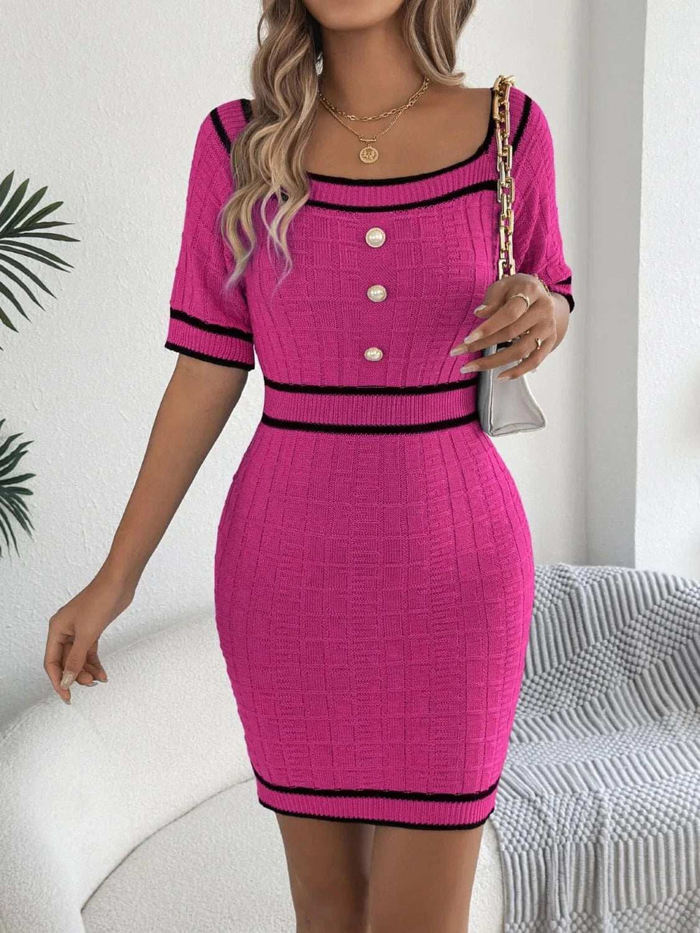 Decorative Button Short Sleeve Sweater Dress - Trendsi - Flyclothing LLC