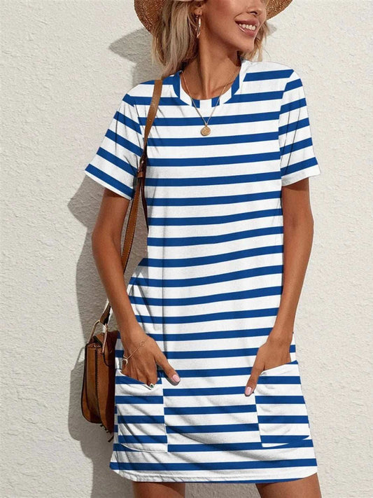 Contrast Striped Round Neck Short Sleeve Dress - Trendsi - Flyclothing LLC