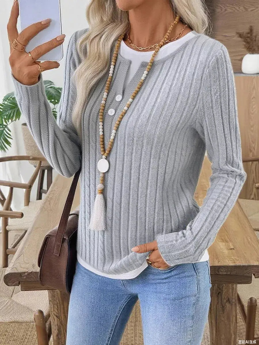 Ribbed Knit Long Sleeve Fake Two-Piece T-Shirt - Trendsi - Flyclothing LLC