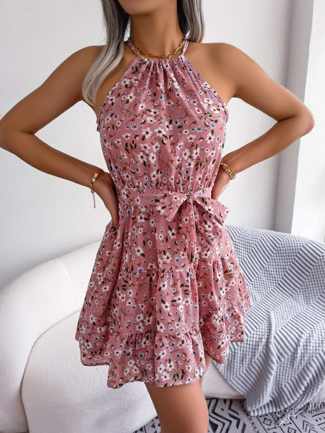 Tied Printed Grecian Neck Mini Dress - Trendsi - Flyclothing LLC