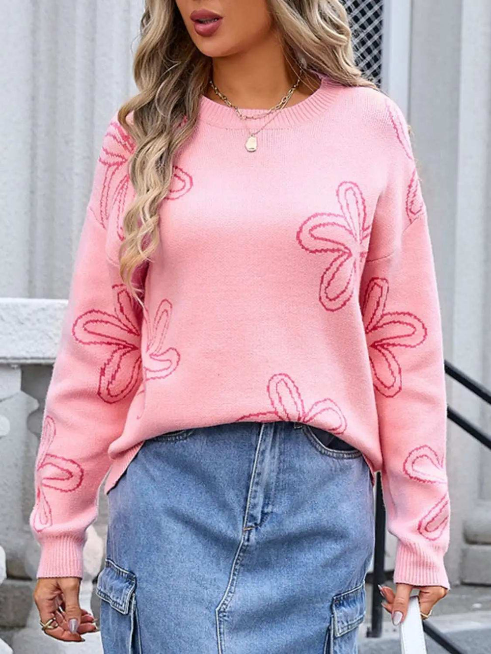 Flower Round Neck Dropped Shoulder Sweater - Trendsi - Flyclothing LLC