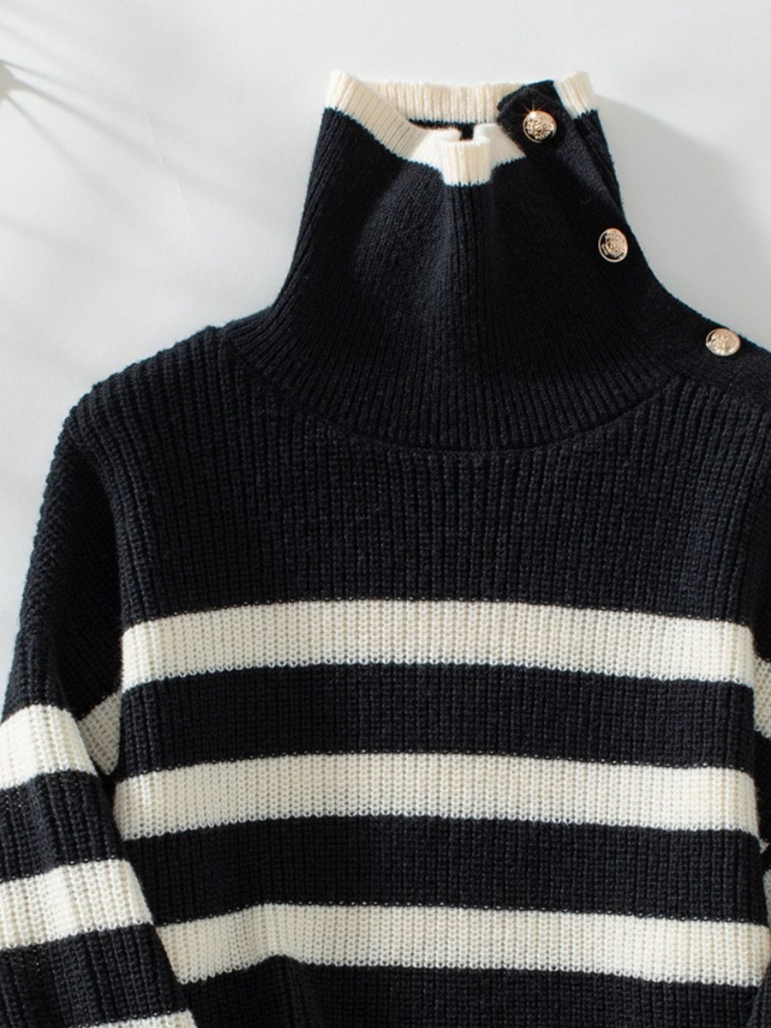 Buttoned Striped Long Sleeve Sweater - Trendsi