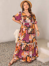 Plus Size Printed V-Neck Half Sleeve Maxi Dress - Trendsi - Flyclothing LLC