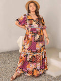 Plus Size Printed V-Neck Half Sleeve Maxi Dress - Trendsi - Flyclothing LLC