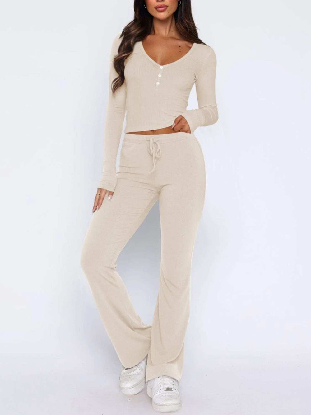 V-Neck Long Sleeve Top and Pants Set - Trendsi - Flyclothing LLC