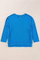 Exposed Seam Notched Long Sleeve Blouse - Trendsi - Flyclothing LLC