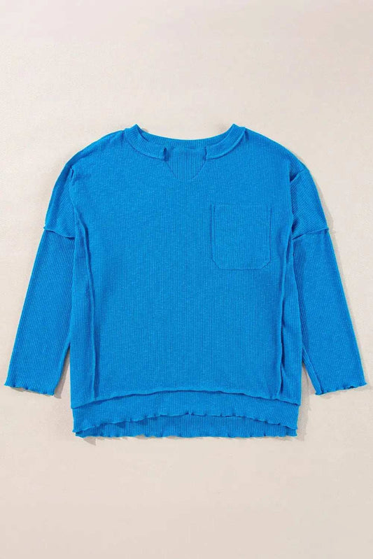 Exposed Seam Notched Long Sleeve Blouse - Trendsi - Flyclothing LLC