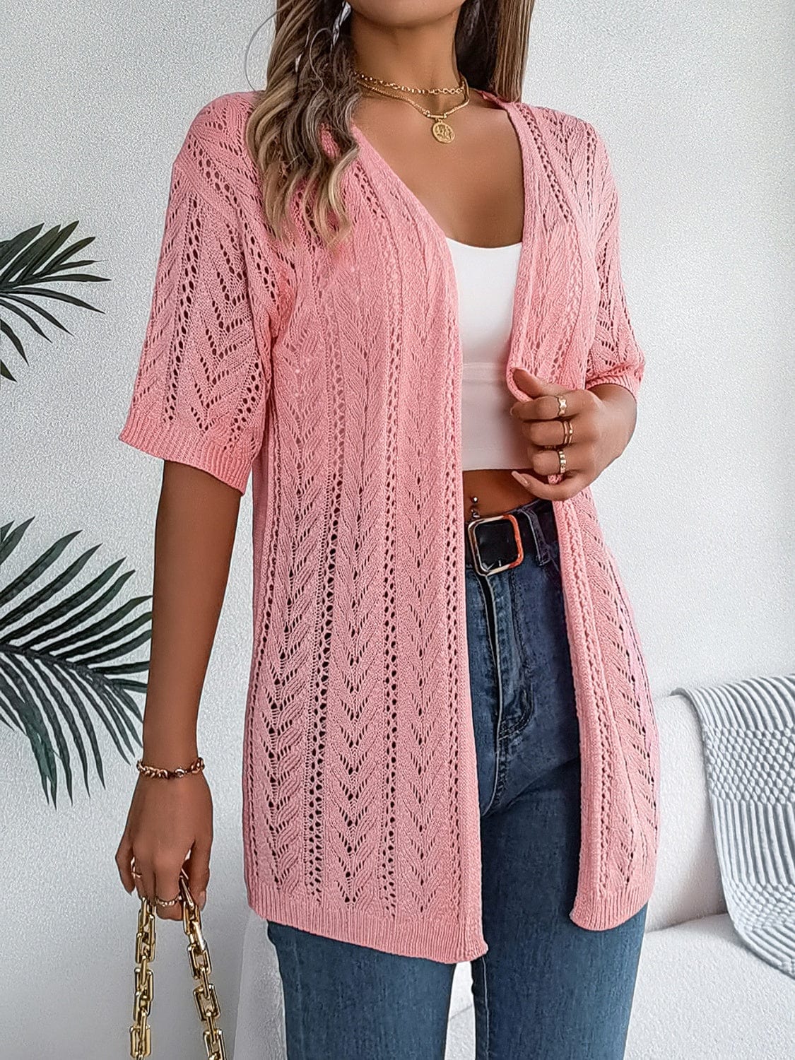 Openwork Open Front Half Sleeve Cardigan - Trendsi