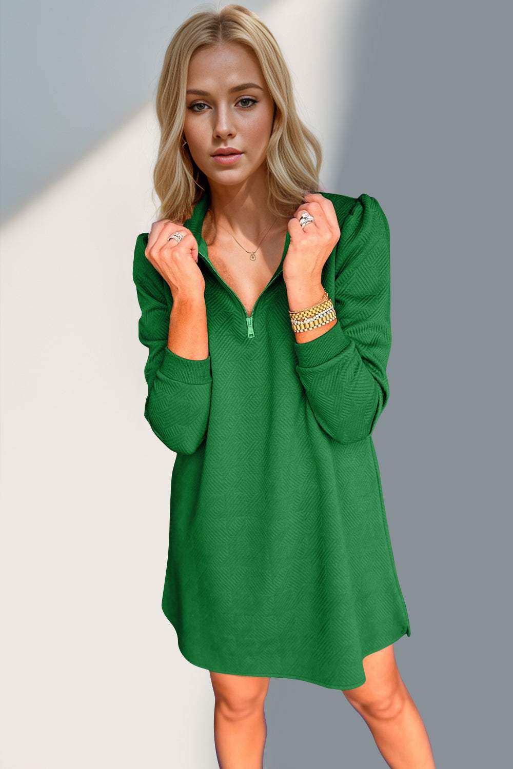 Double Take Textured Quarter Zip Long Sleeve Dress - Trendsi - Flyclothing LLC