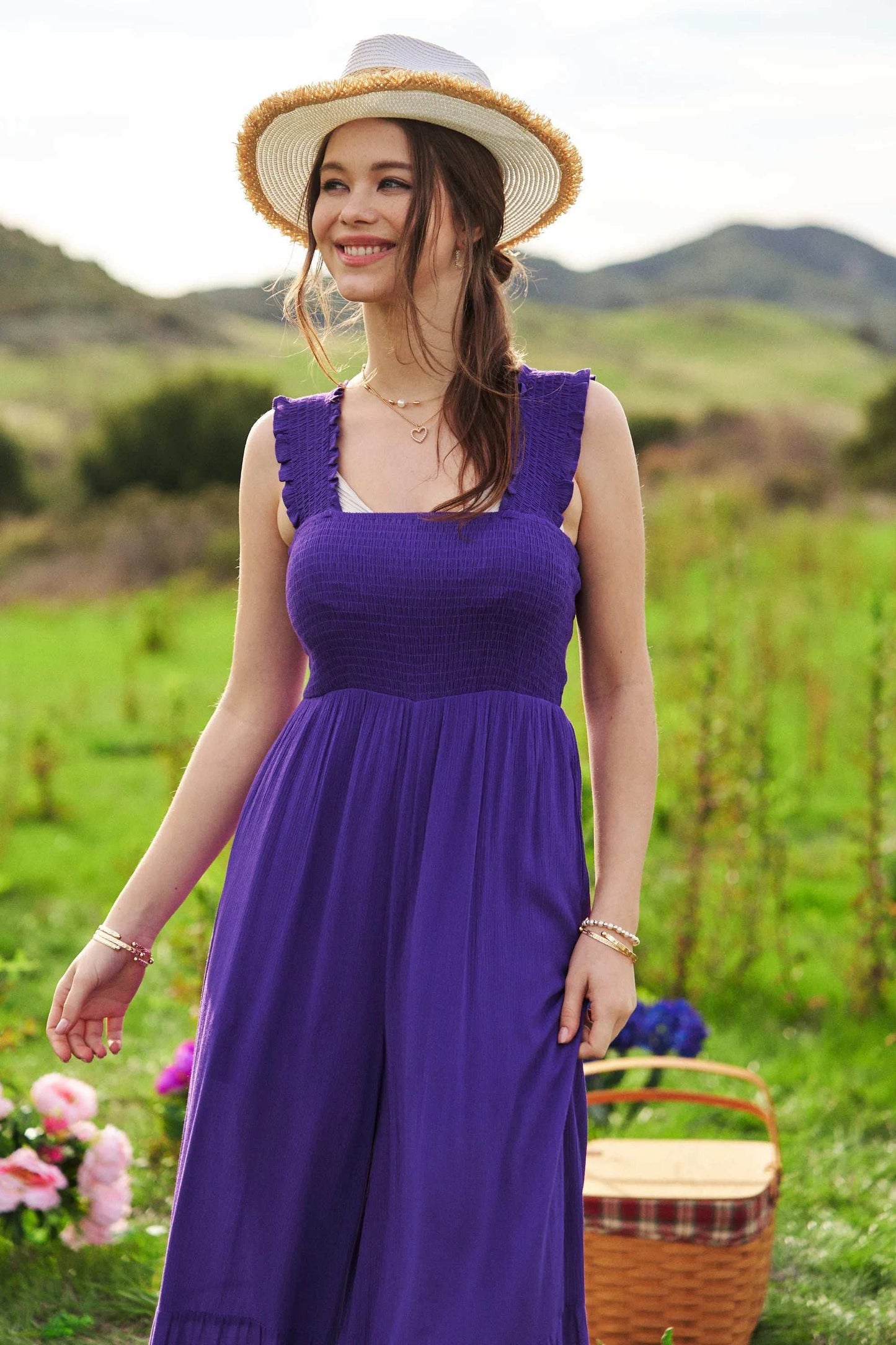 Davi & Dani Smocked Bodice Strap Ruffle Tie Belt Jumpsuit - Trendsi - Flyclothing LLC