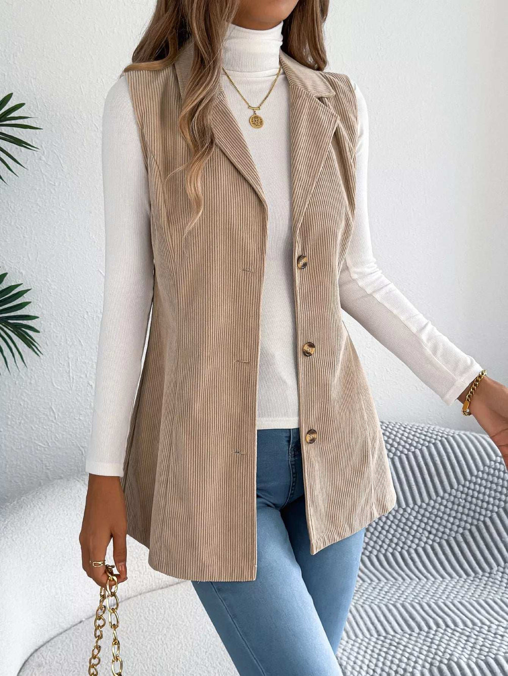 Button-Front Longline Vest Coat - Trendsi - Flyclothing LLC
