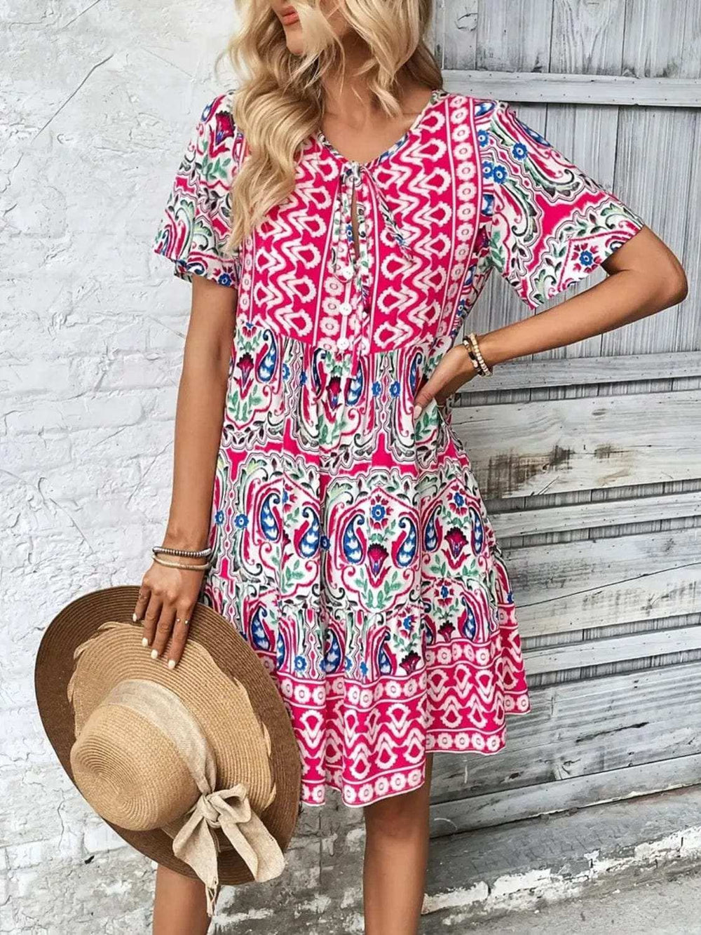 Printed Tie Neck Short Sleeve Dress - Trendsi - Flyclothing LLC