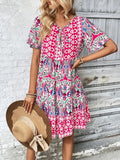 Printed Tie Neck Short Sleeve Dress - Trendsi