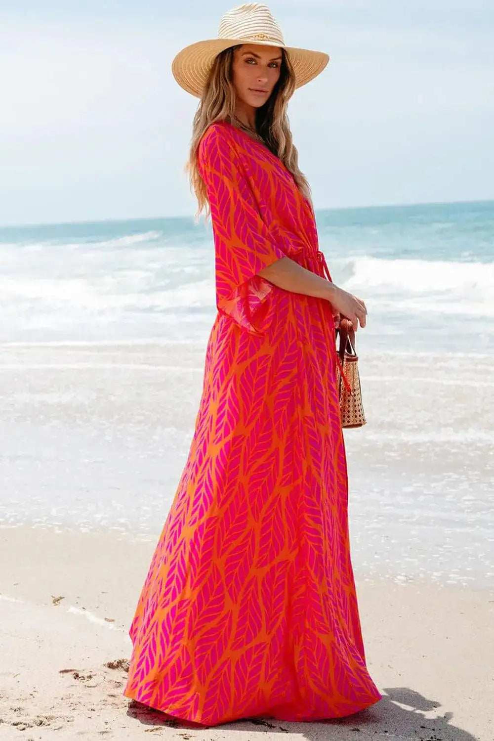 Drawstring Printed V-Neck Maxi Dress - Trendsi - Flyclothing LLC