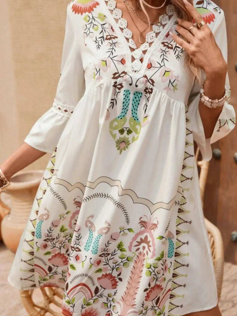 Lace Detail Printed Three-Quarter Sleeve Dress - Trendsi - Flyclothing LLC