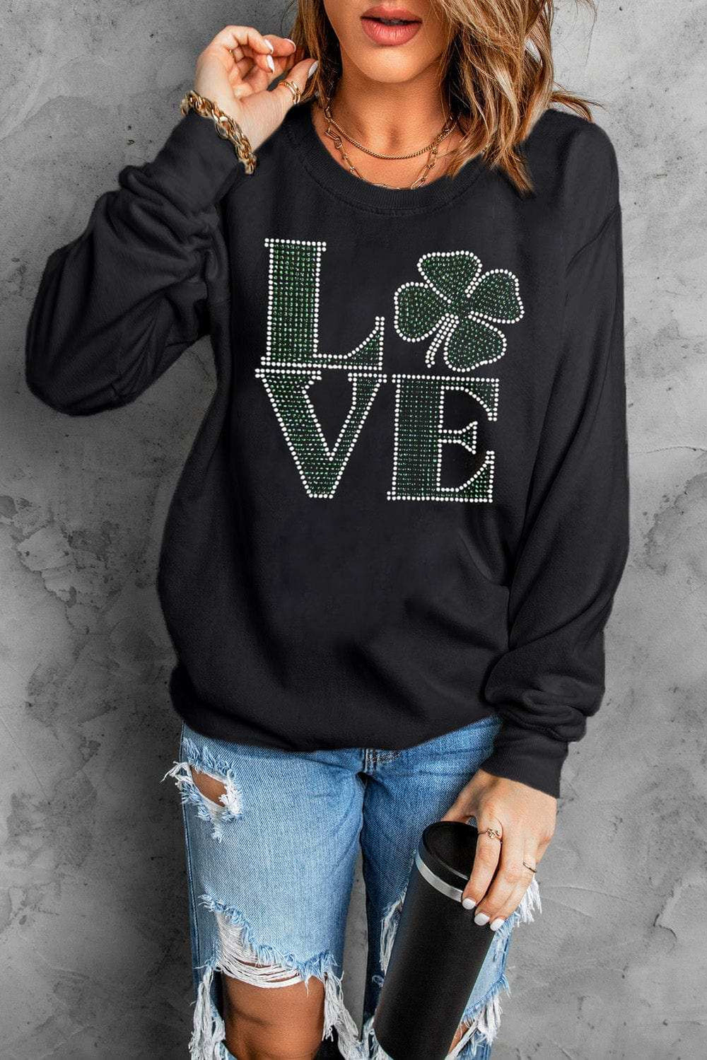 LOVE Rhinestone Clover Round Neck Sweatshirt - Trendsi - Flyclothing LLC