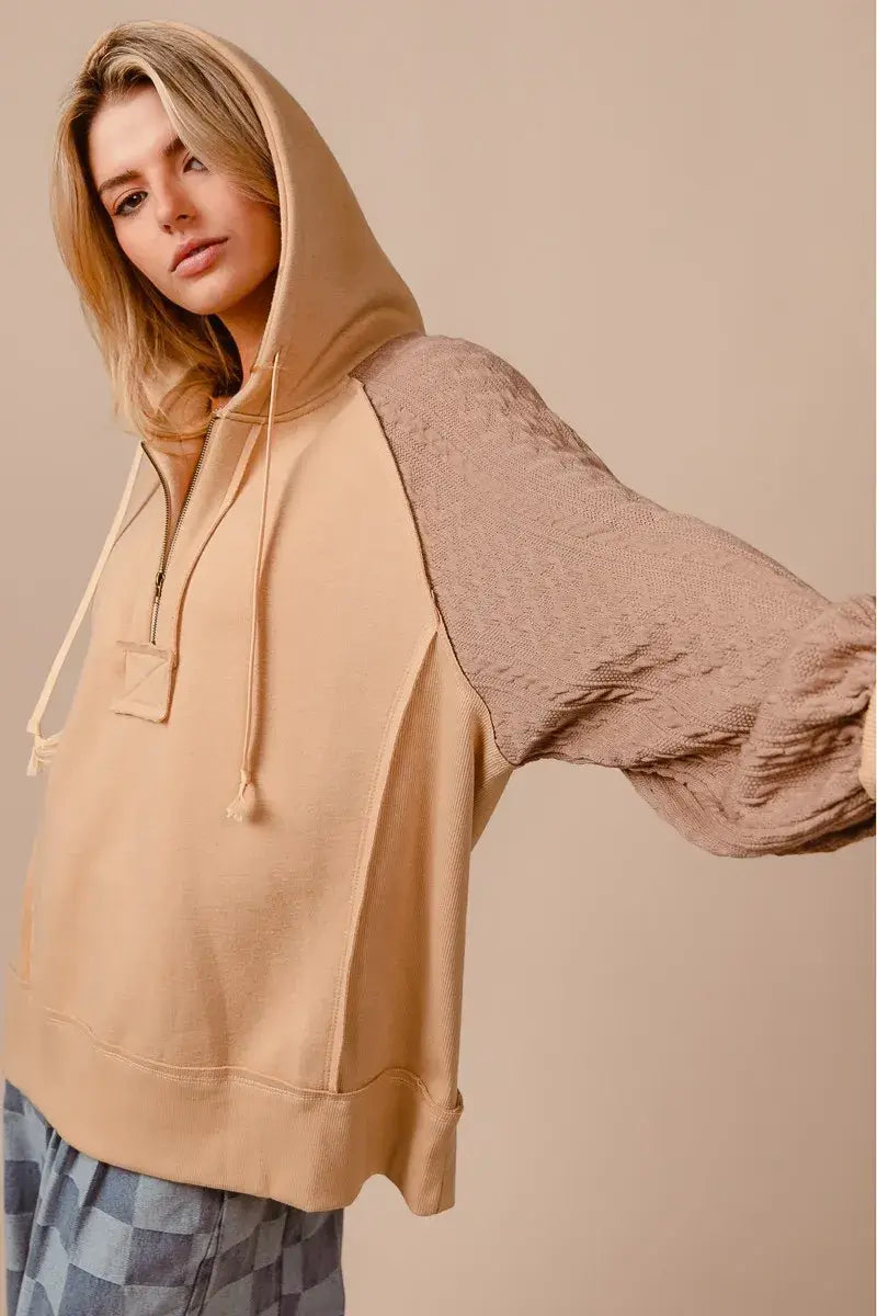 BiBi Half Zip French Terry Hoodie with Kint Sleeves - Trendsi - Flyclothing LLC