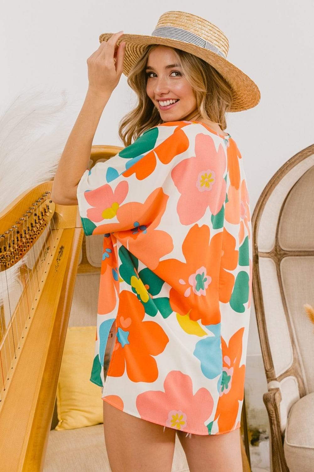 BiBi Floral V Neck Slit Side T-Shirt - Trendsi - Flyclothing LLC