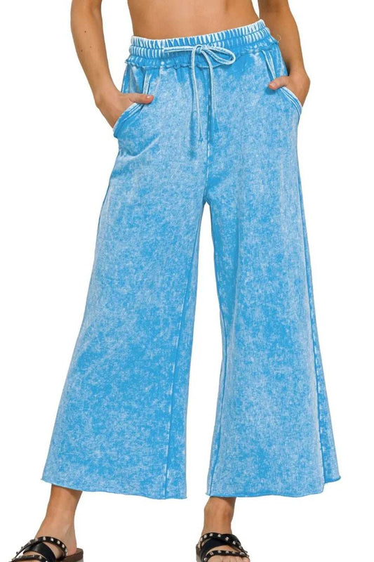 Zenana Washed French Terry Palazzo With Pockets - Trendsi - Flyclothing LLC
