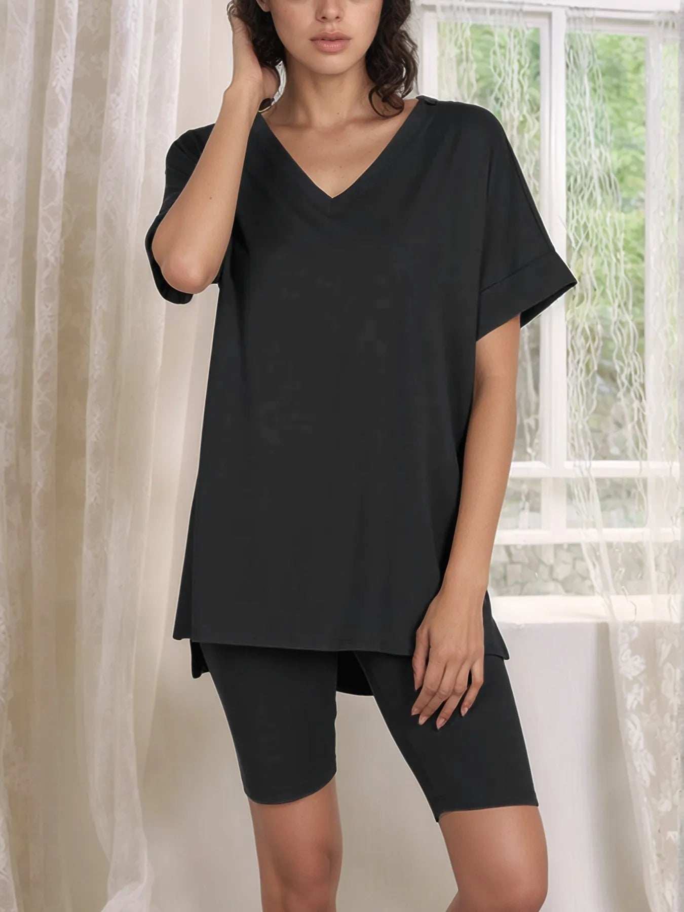 V-Neck High-Low T-Shirt and Shorts Set - Trendsi - Flyclothing LLC
