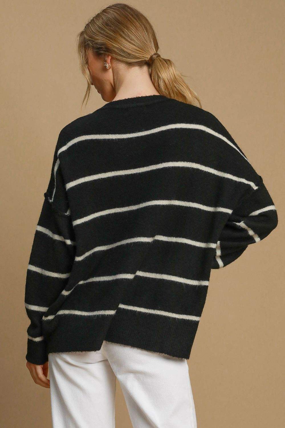 Umgee Wool Blend Striped Round Neck Sweater - Trendsi - Flyclothing LLC