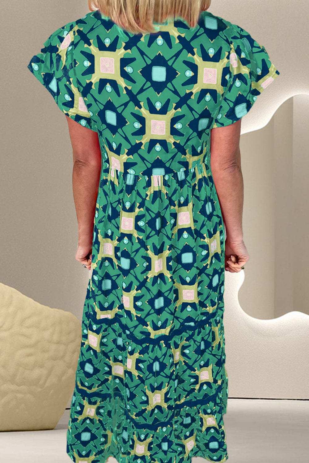 Printed Notched Cap Sleeve Dress - Trendsi - Flyclothing LLC