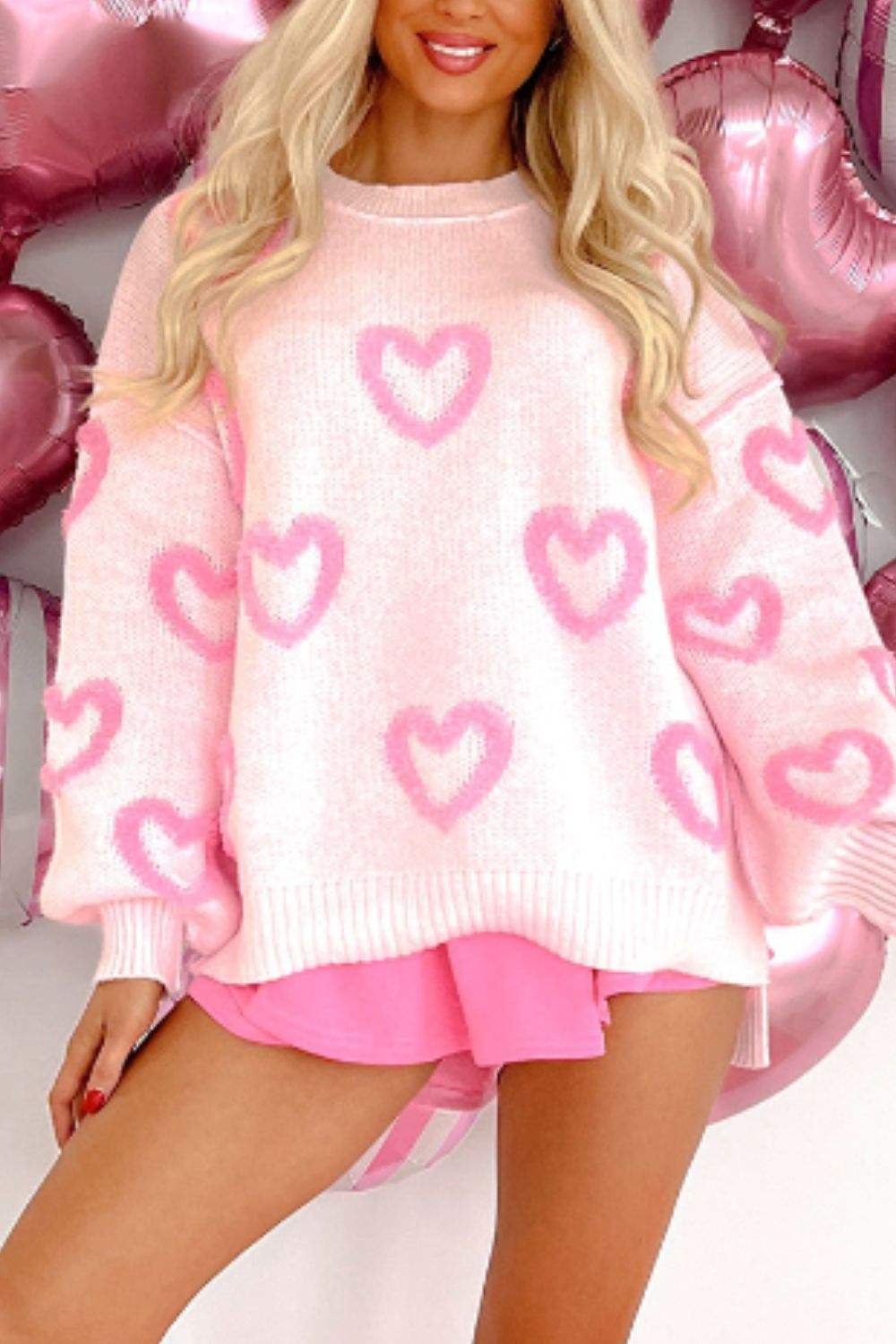 High-Low Heart Round Neck Long Sleeve Sweater - Trendsi - Flyclothing LLC